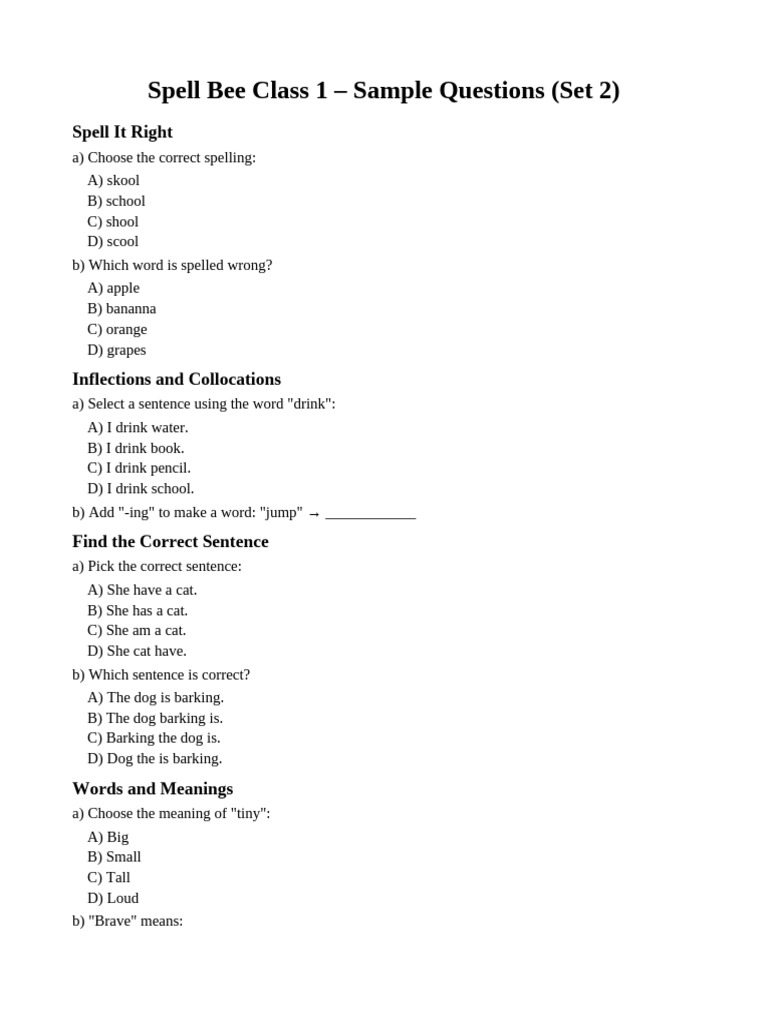 Class 1 Spell Bee Sample Questions | PDF