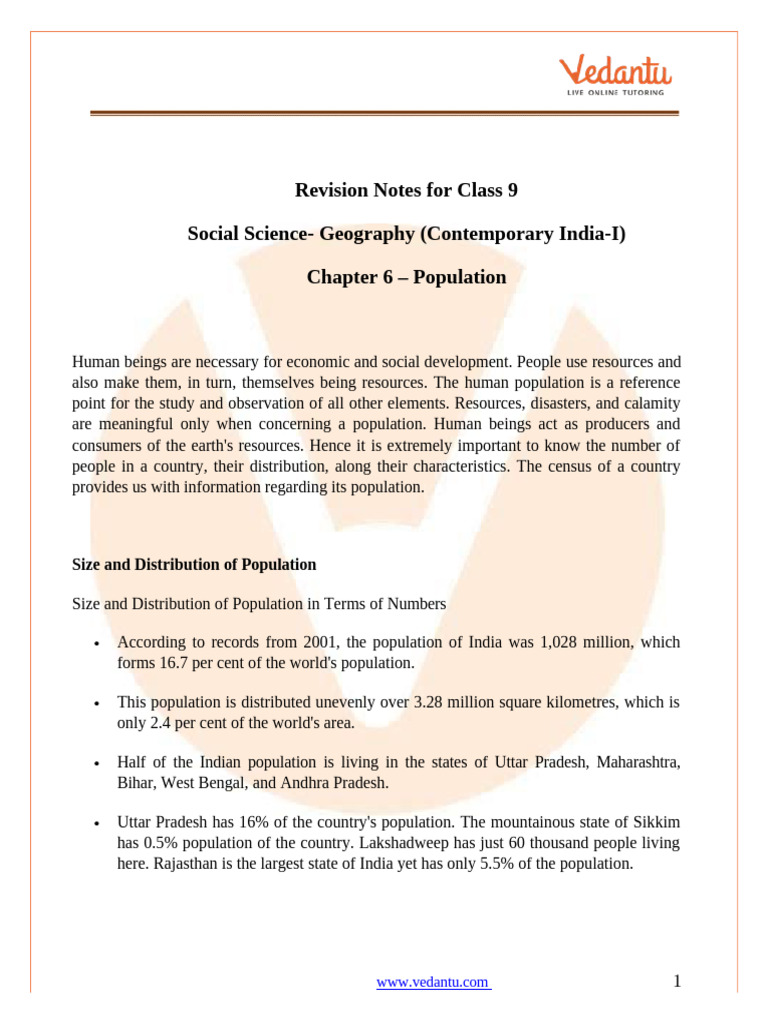 Class 9 Population Study Notes | PDF | Literacy | Population