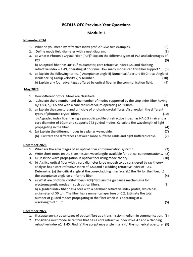 ECT413 OFC Previous Year Questions | PDF | Optical Fiber | Optics
