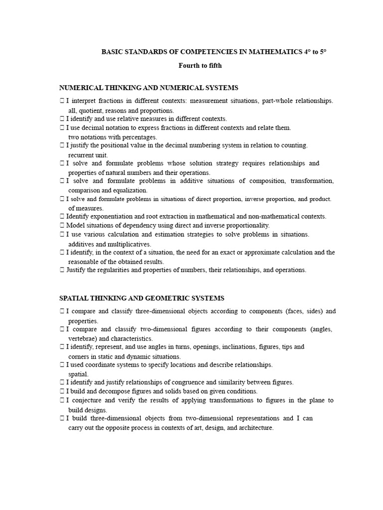 Math Competencies for Grades 4-5 Standards | PDF | Numbers | Area