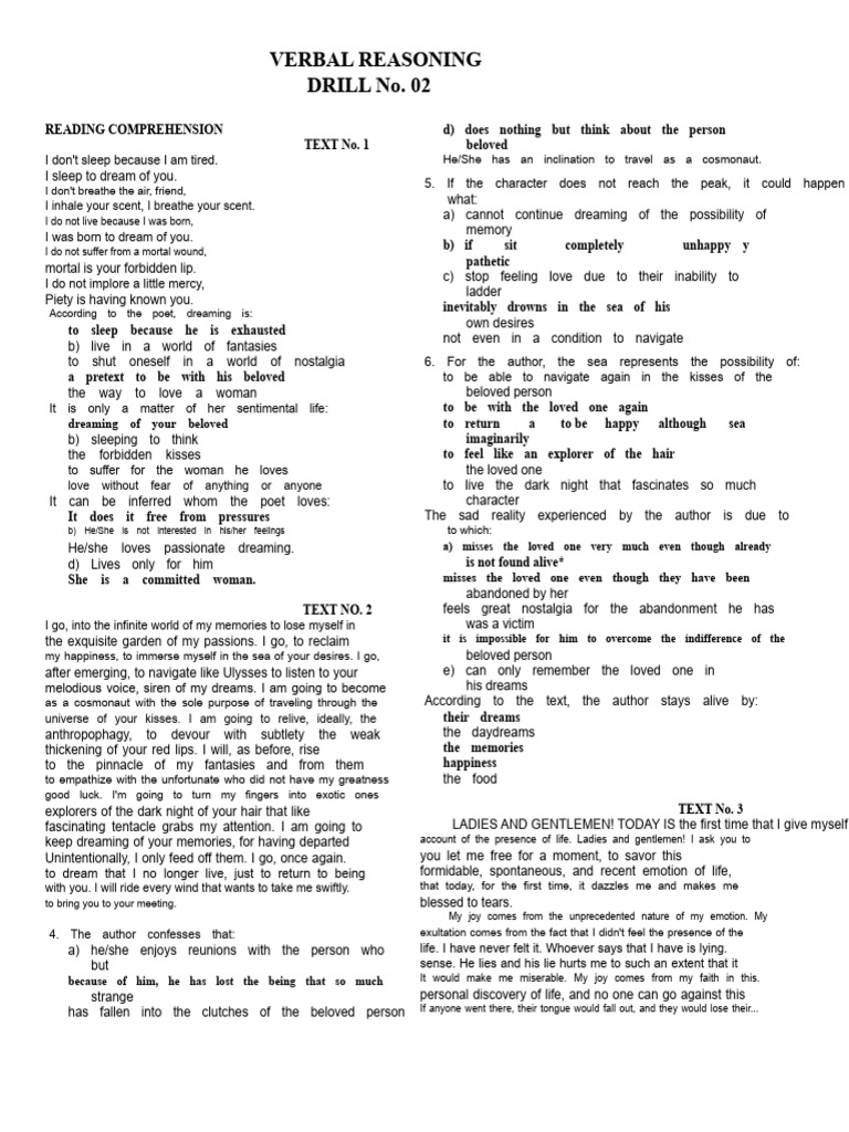 Verbal Reasoning Reading Comprehension Test | PDF | Dream ...