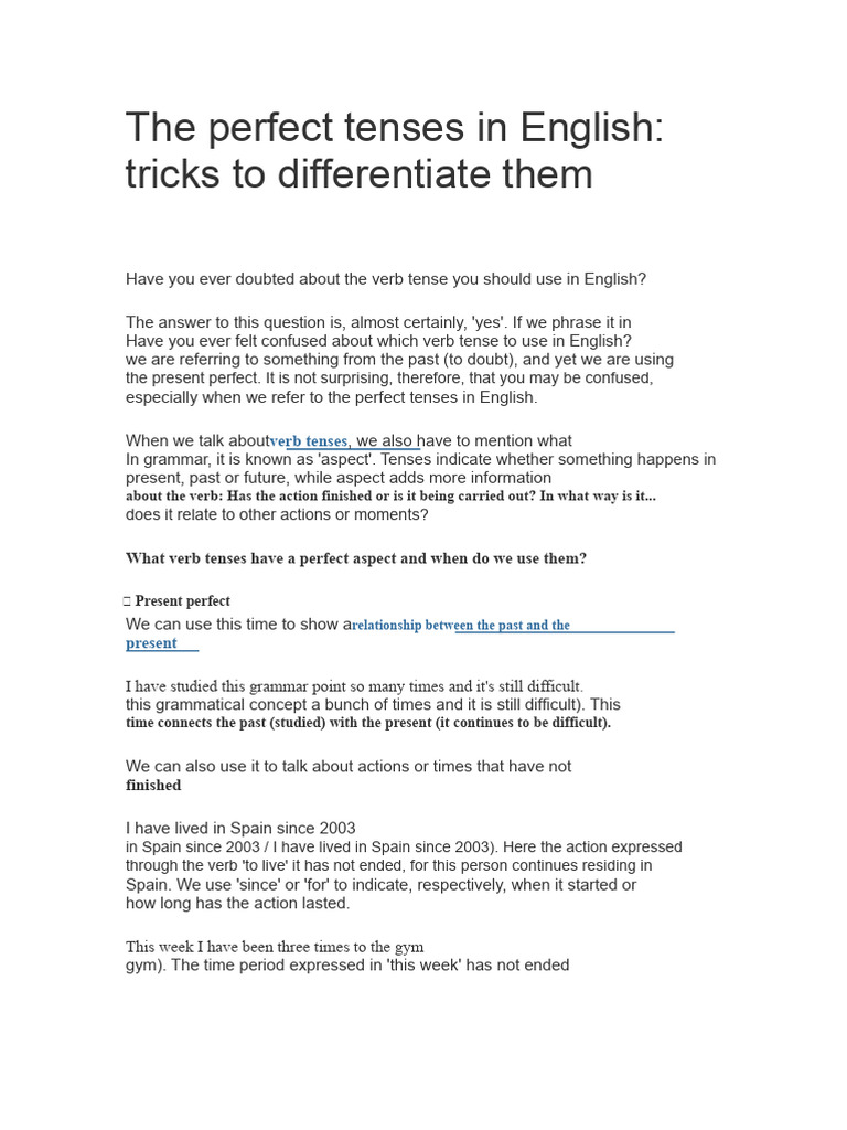 The Perfect Tenses in English | PDF | Perfect (Grammar) | Grammatical Tense