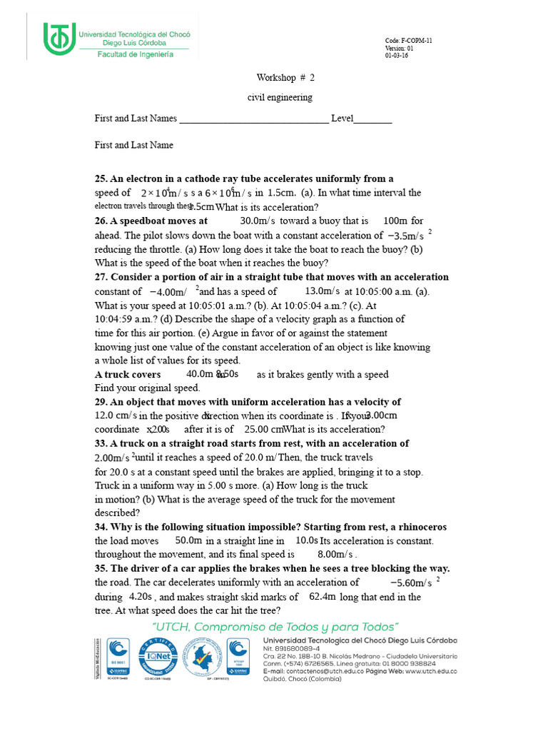 Civil Engineering Workshop Problems | PDF | Acceleration | Mass