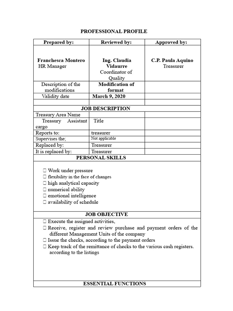 Treasury Assistant Job Profile and Evaluation | PDF | Creativity | Memory