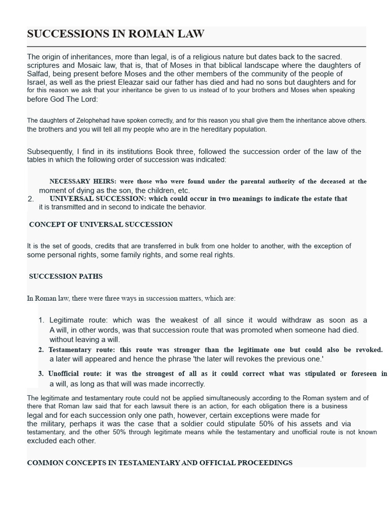 Successions in Roman Law | PDF | Will And Testament | Private Law