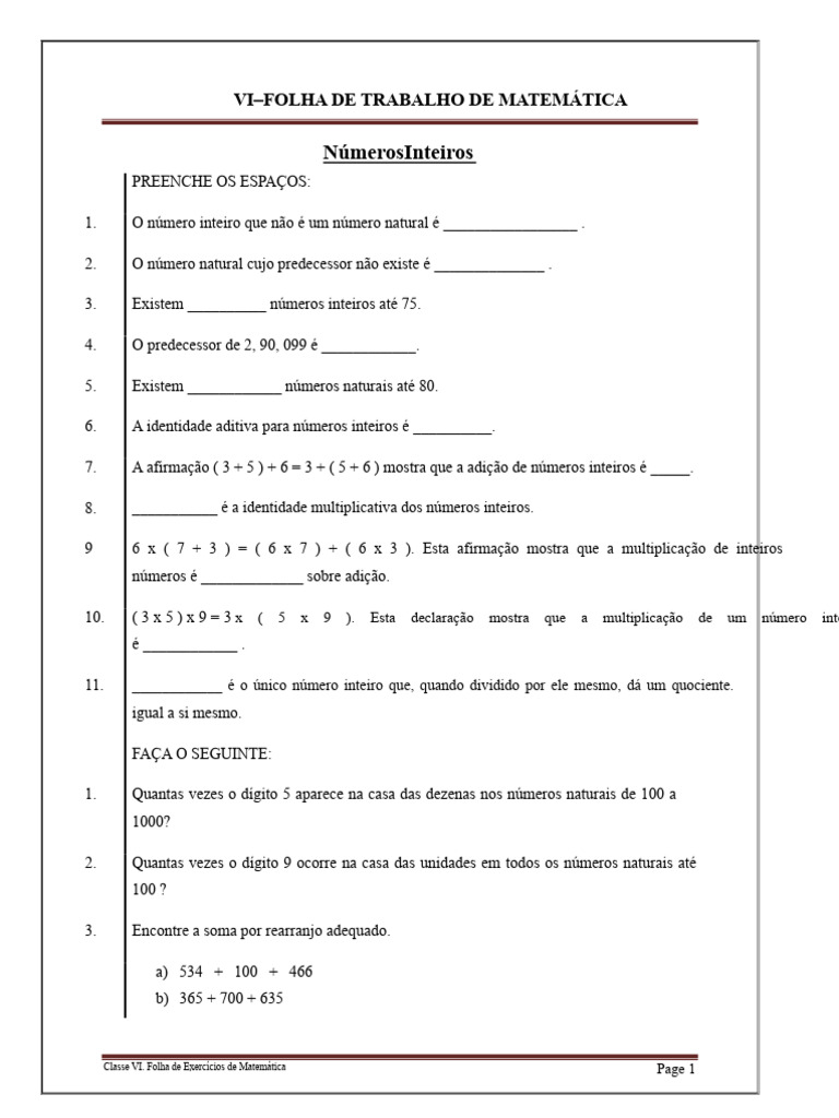 Exercícios de Matemática para VI Classe | PDF | Círculo | Matemática