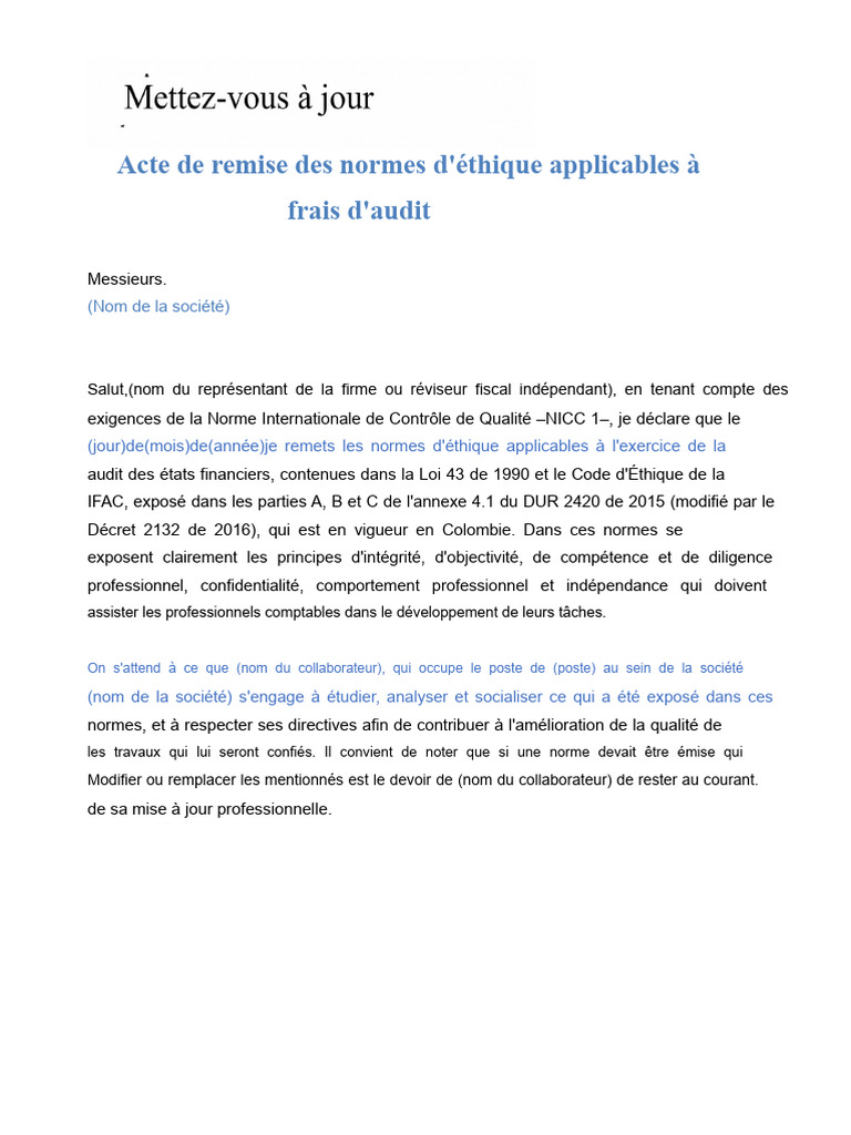 Normes d'éthique pour audits financiers | PDF