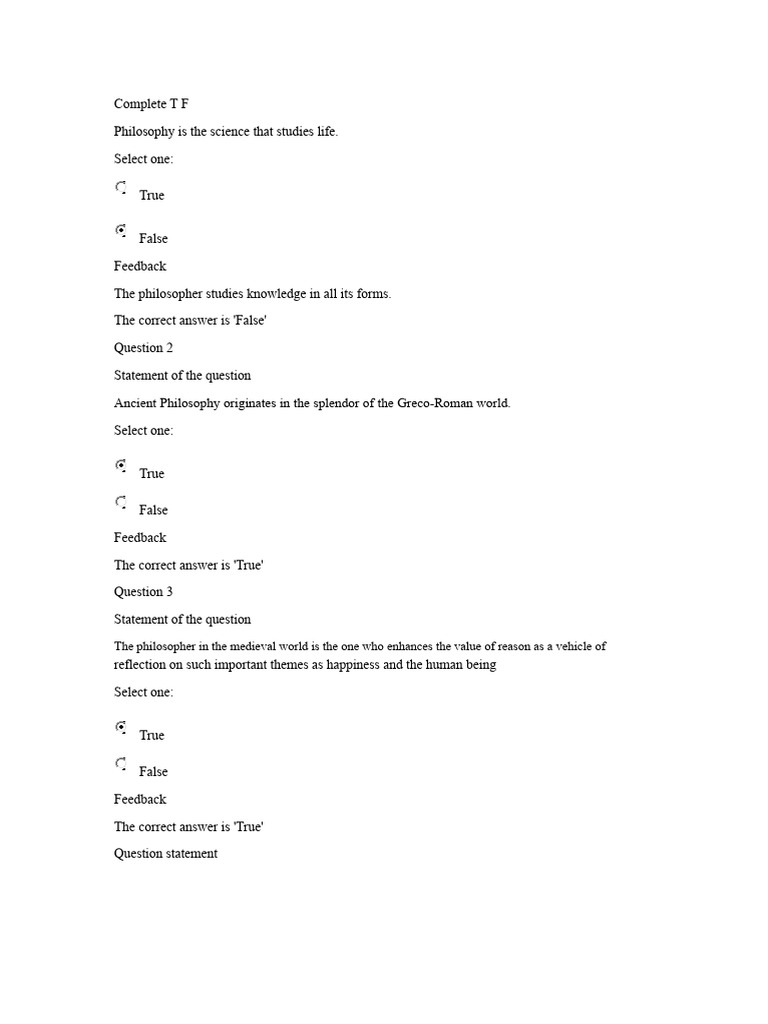 Questionnaire I General Philosophy | PDF