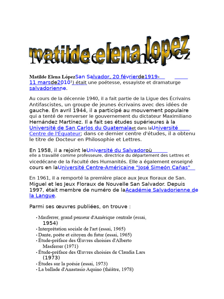 Matilde Elena López : Poétesse salvadorienne | PDF