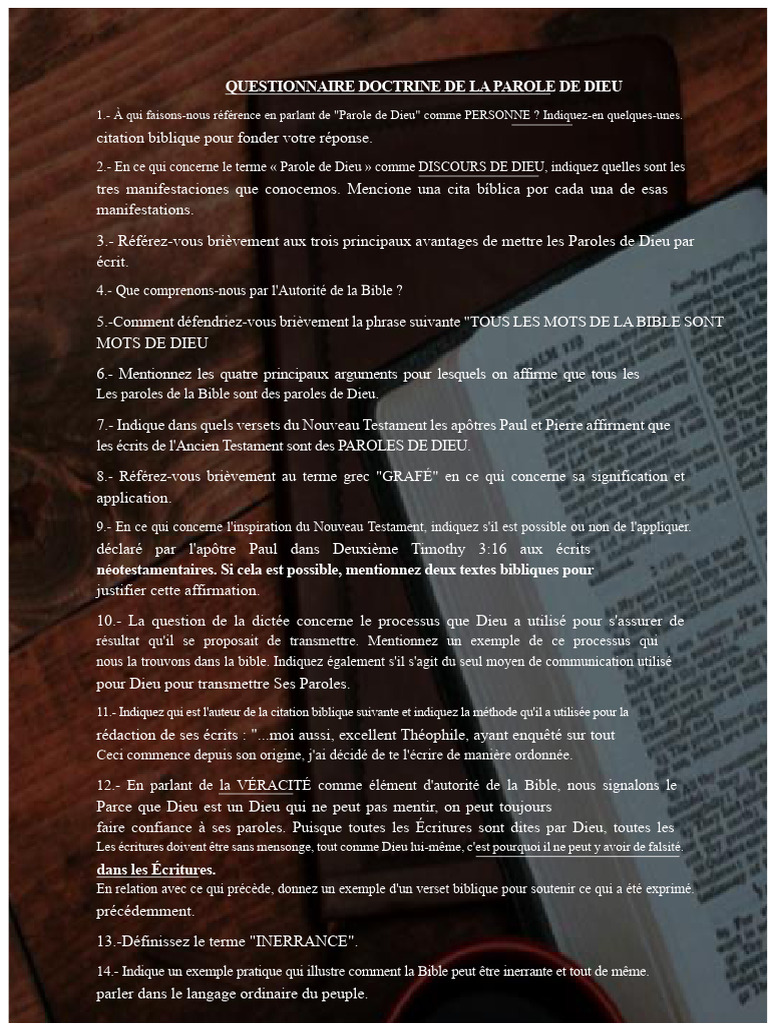 Questionnaire sur la Parole de Dieu | PDF | Bible | Dieu