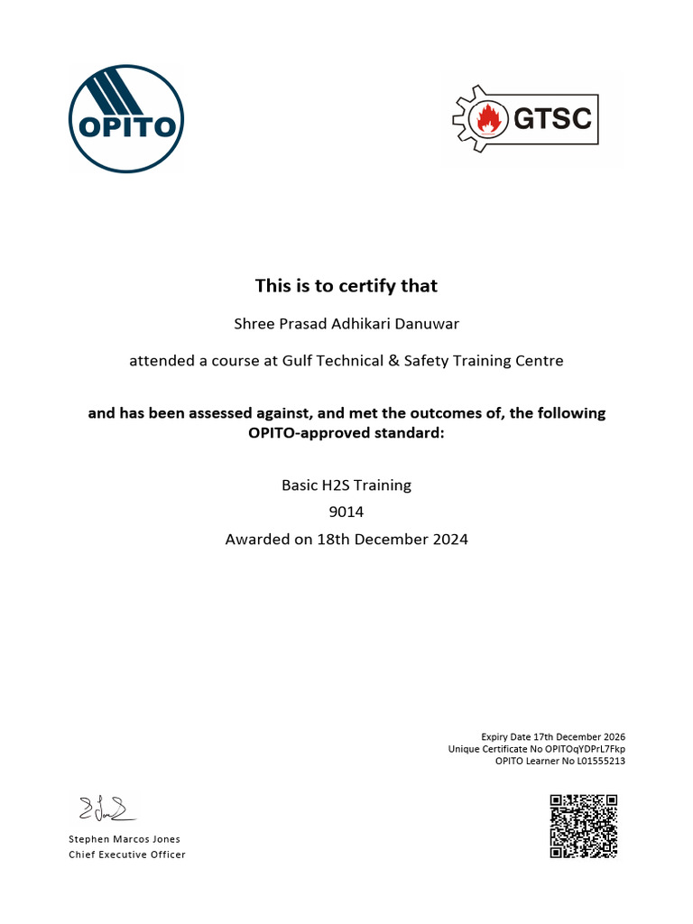 Basic H2S Training Certificate 2024 | PDF