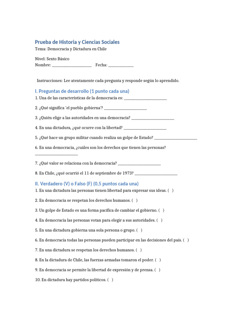 Evaluación sobre Democracia y Dictadura en Chile | PDF | Democracia ...