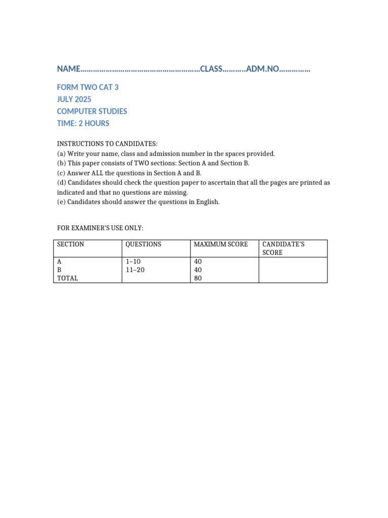 Form Two Computer Studies Exam 2025 | PDF | Computer Engineering ...