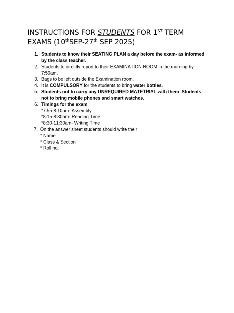 1st Term Exam Instructions for Students | PDF
