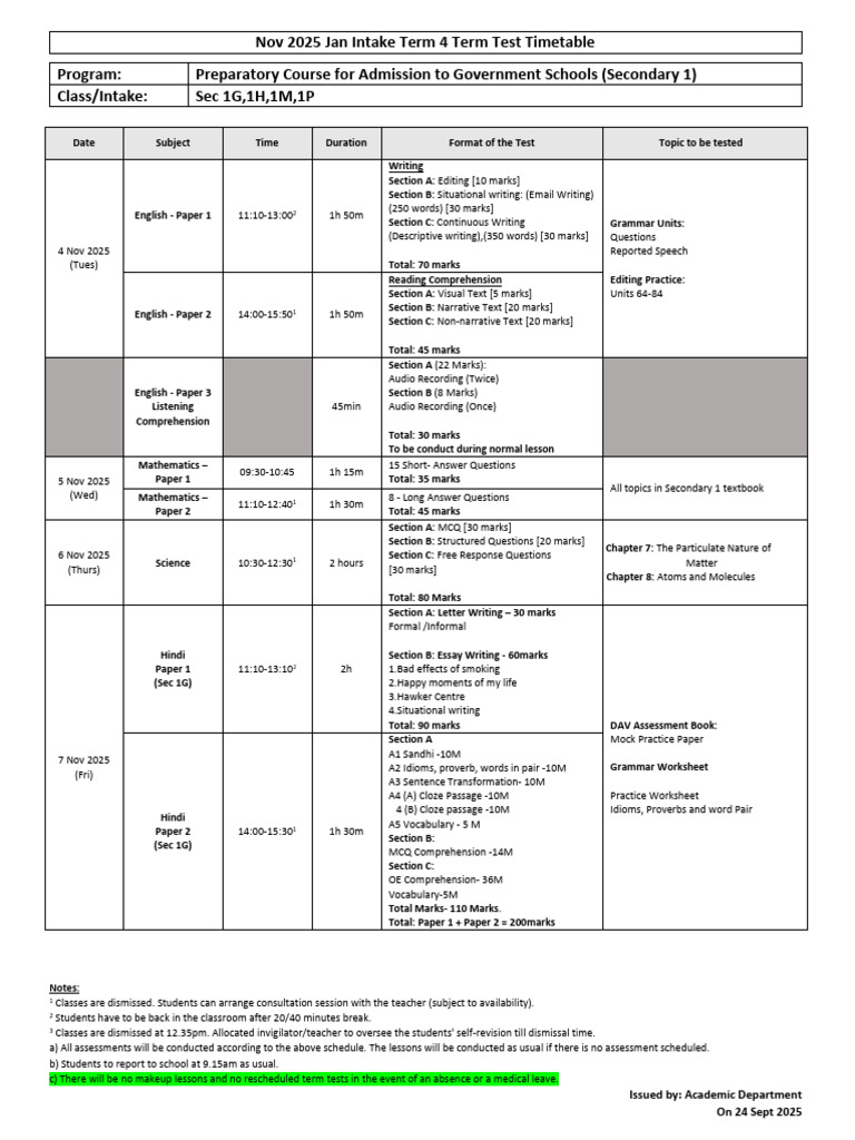 Sec 1G 1H 1M 1P Nov 2025 Jan Intake Term 4 Term Test Timetable R2 | PDF ...