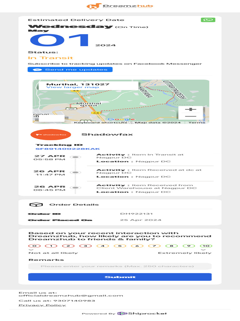Dreamzhub - Order Tracking - by Shiprocket | PDF