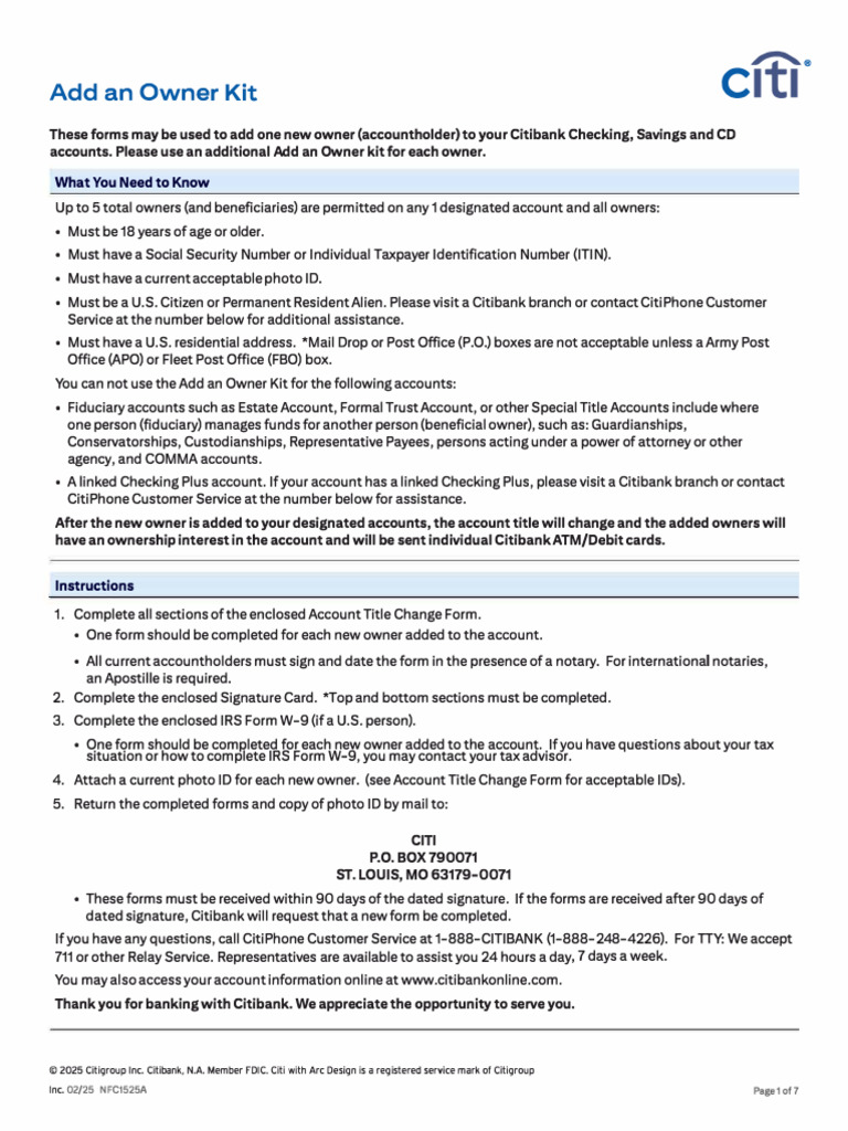 Add an Owner to Citibank Accounts | PDF | Identity Document | Notary Public