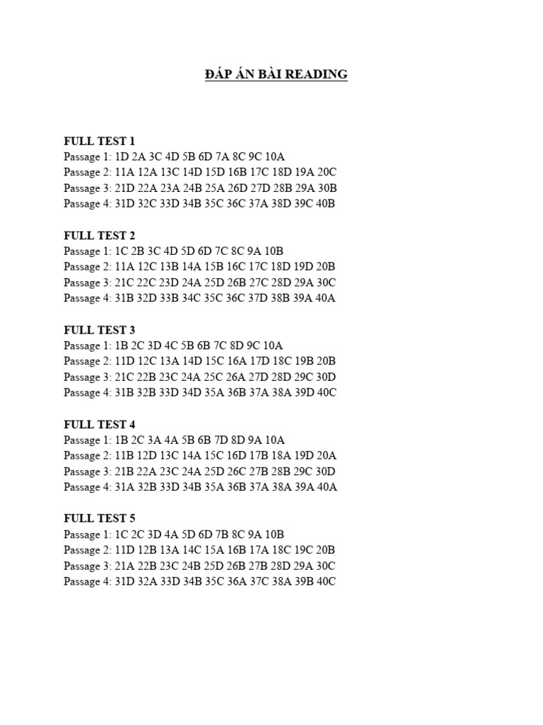 Reading Test Answers Summary | PDF