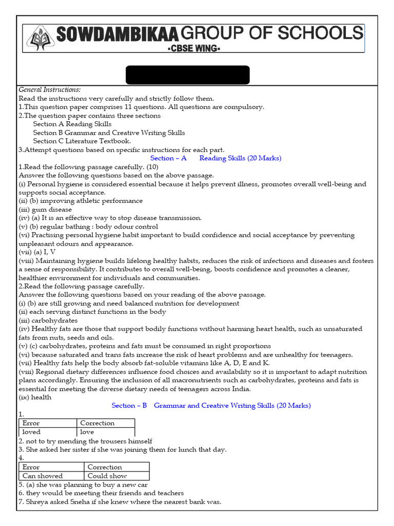 X-Eng Part Test-1 Set C Key | PDF | Hygiene | Fat