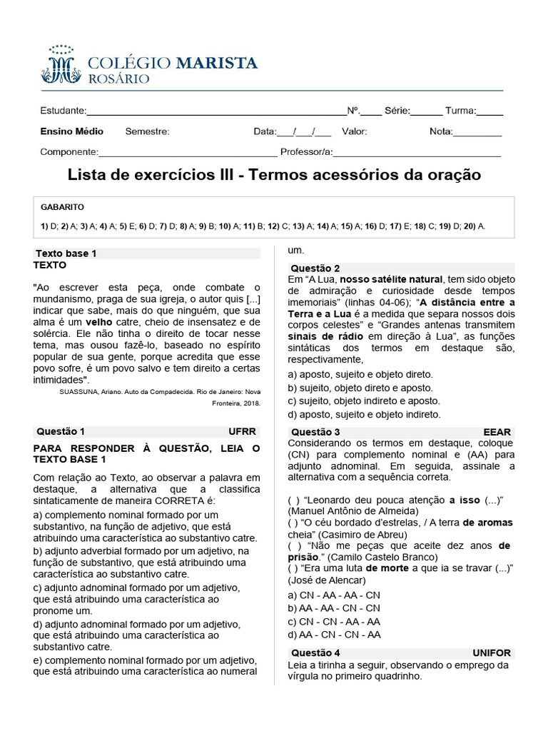 Termos Acessórios da Oração: Exercícios e Análises | PDF | Substantivo ...