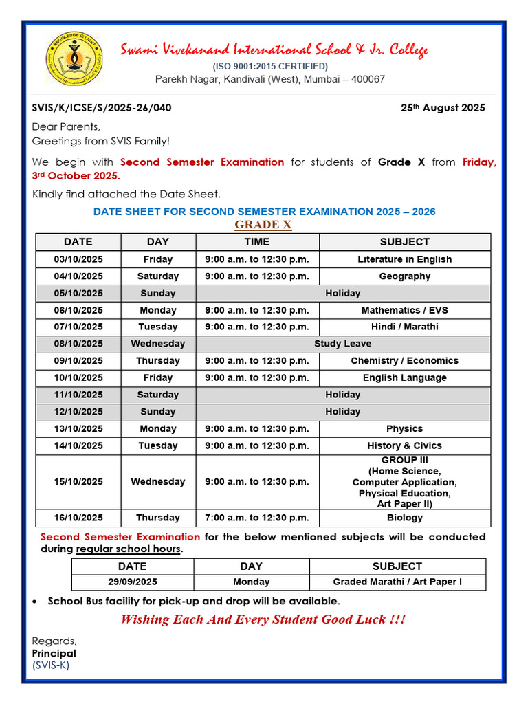 Grade X Datesheet Portion For SEM II 2025-26 | PDF | Chemistry