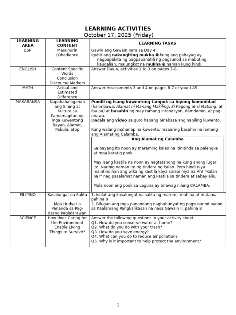 Learning Activities 10.15.25 | PDF