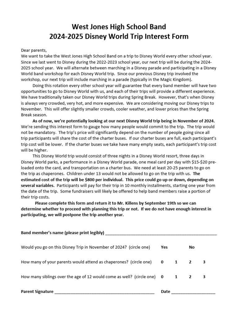West Jones Band Disney Trip Interest Form | PDF | Walt Disney World