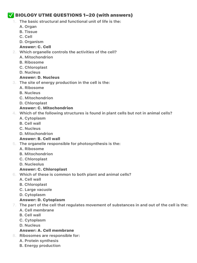 Biology UTME Questions and Answers | PDF | Cytoplasm | Cell (Biology)