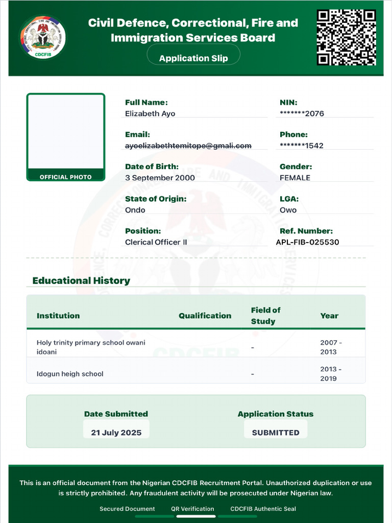 Elizabeth - Oyiza Ayo - Application-Slip | PDF