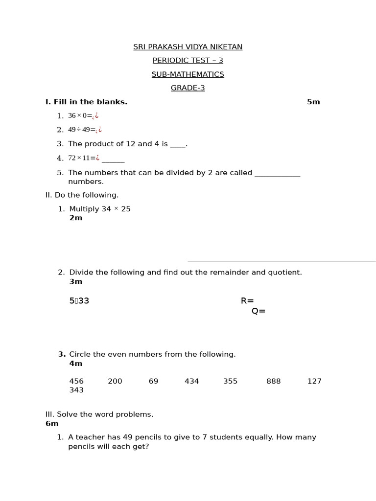 Grade 3 Mathematics Test Paper | PDF