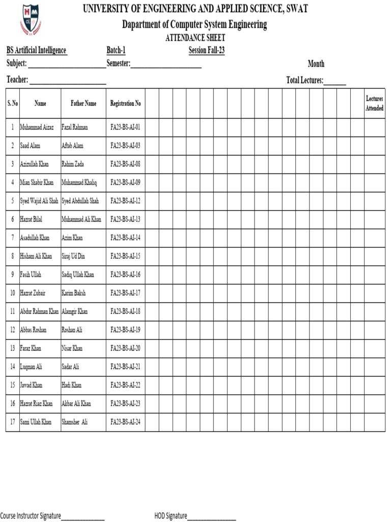 BS AI Fall 2023 Attendance Sheet | PDF