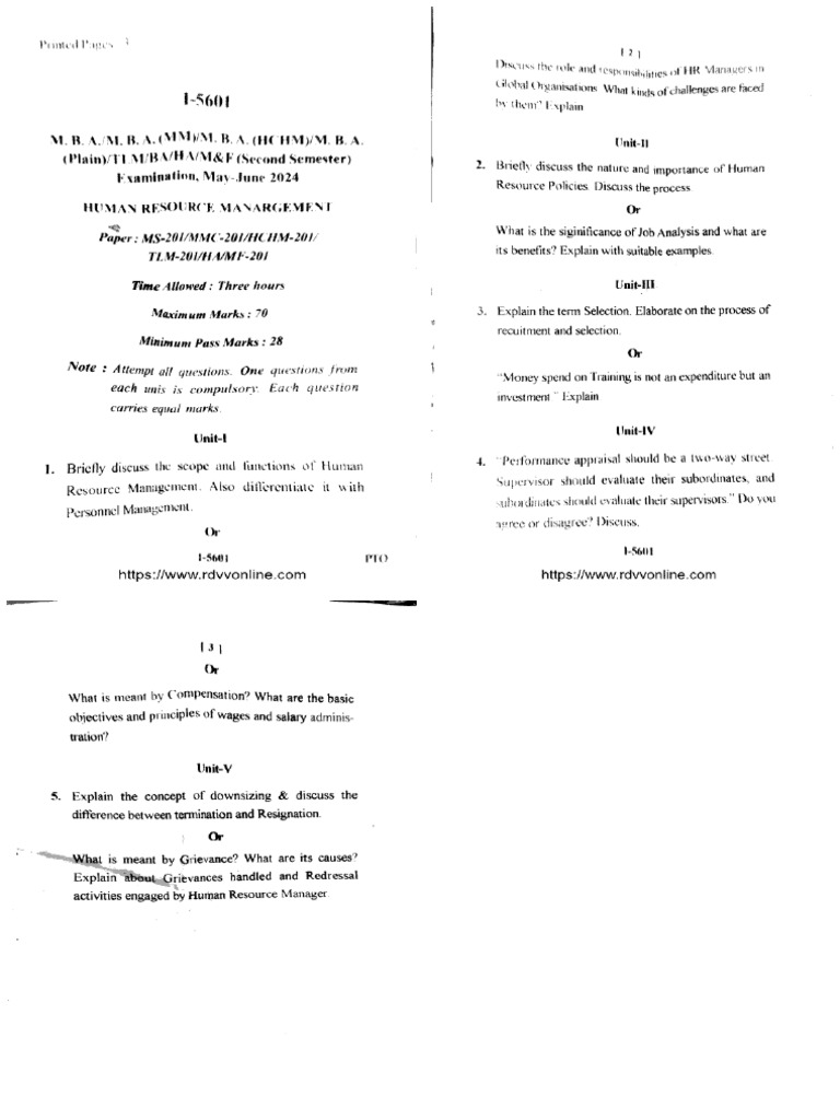 Mba 2 Sem Human Resource Management I5601 Jun 2024 | PDF