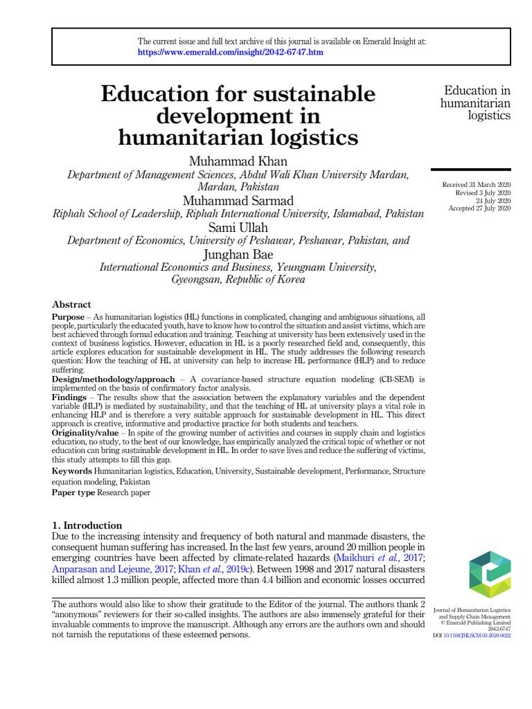 Education in Humanitarian Logistics | PDF | Structural Equation ...