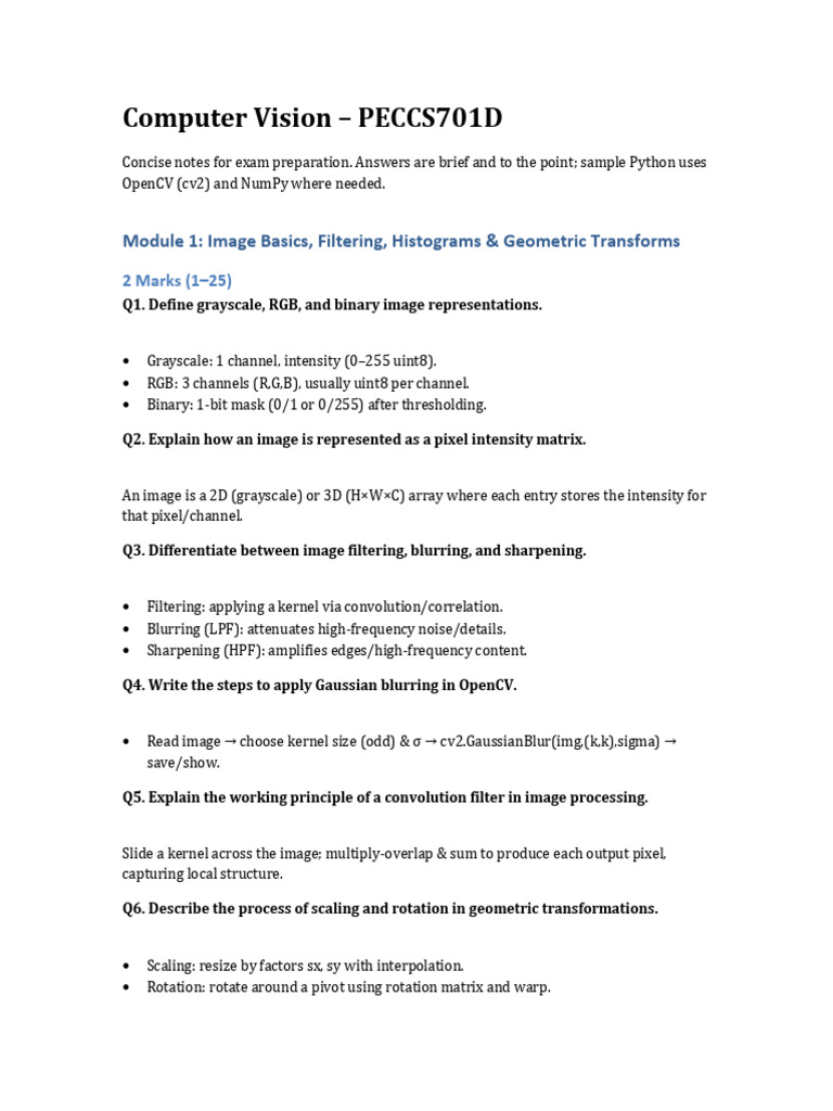Computer Vision Exam Prep Notes | PDF | Rgb Color Model | Graphics