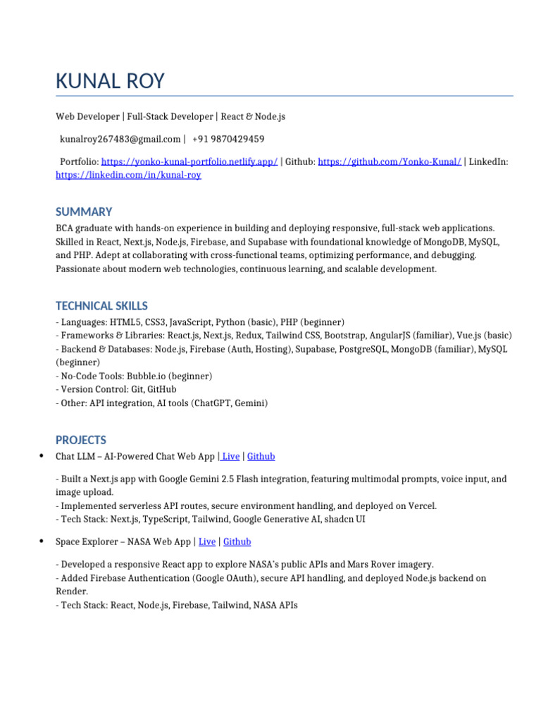 Kunal Roy: Full-Stack Web Developer | PDF