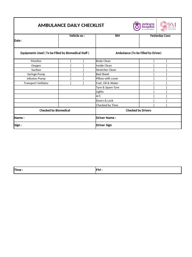 Ambulance Daily Checklist Template | PDF
