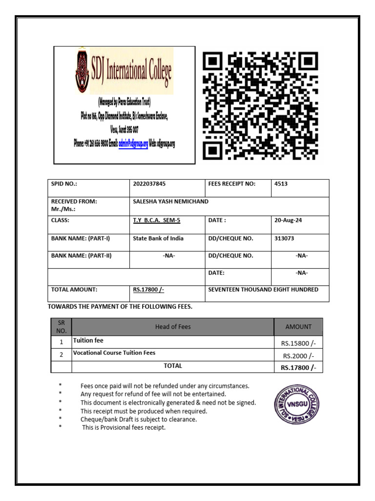 Provisional Fees Receipt for BCA Students | PDF | Cheque | Payments