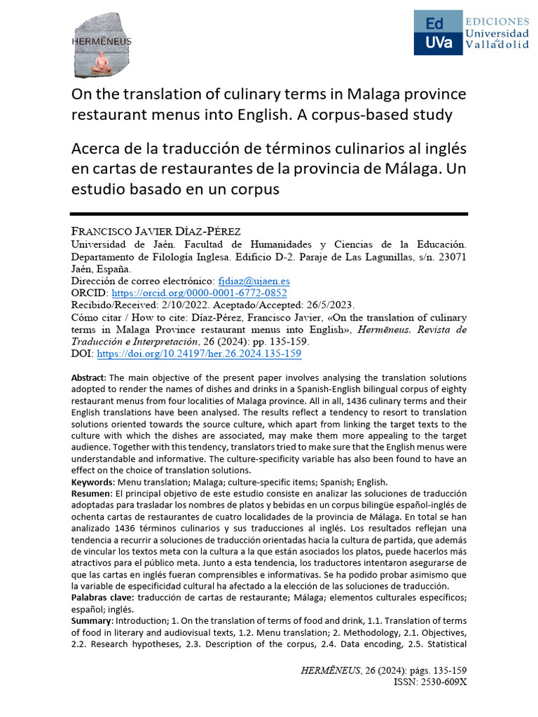 On The Translation of Culinary Terms in Malaga Province Restaurant ...