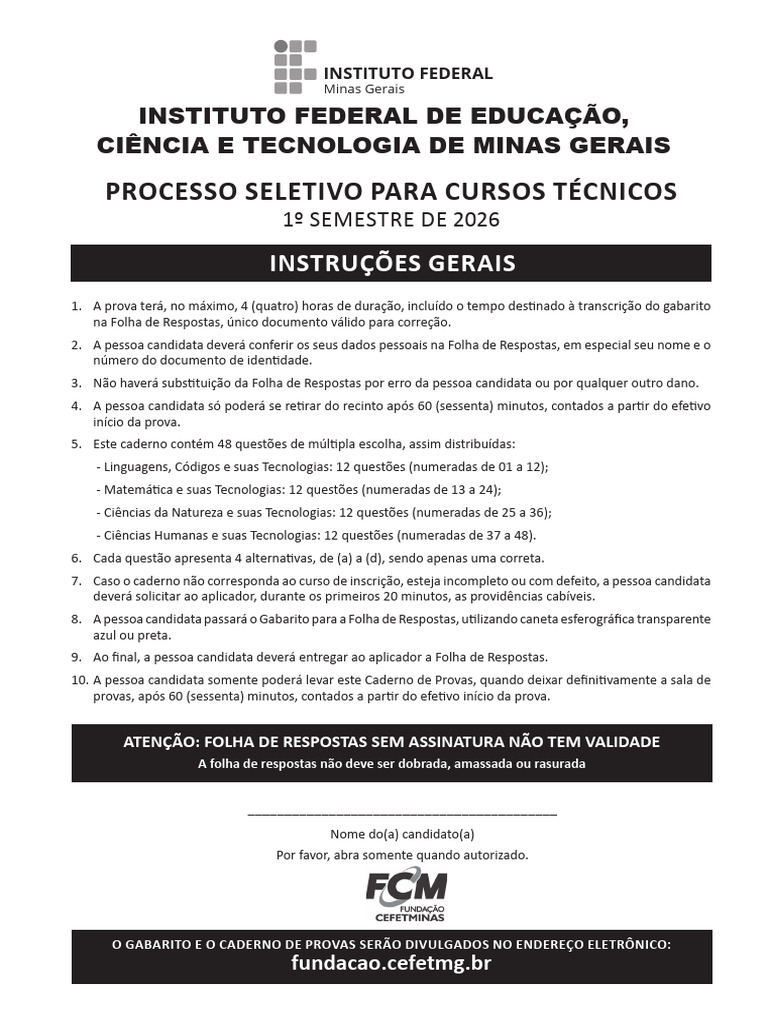 Instruções Prova IFMG 2026 | PDF | Armas nucleares | HIV/AIDS