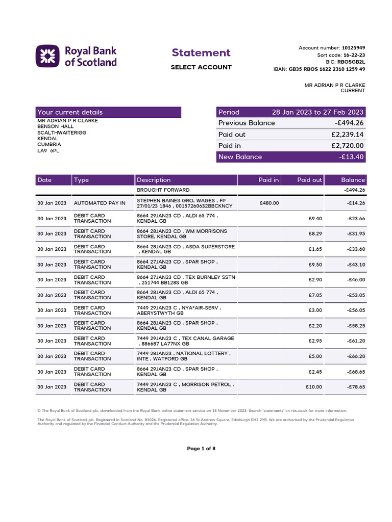 RBS Bank Statement for Adrian Clarke | PDF | Overdraft | Debit Card