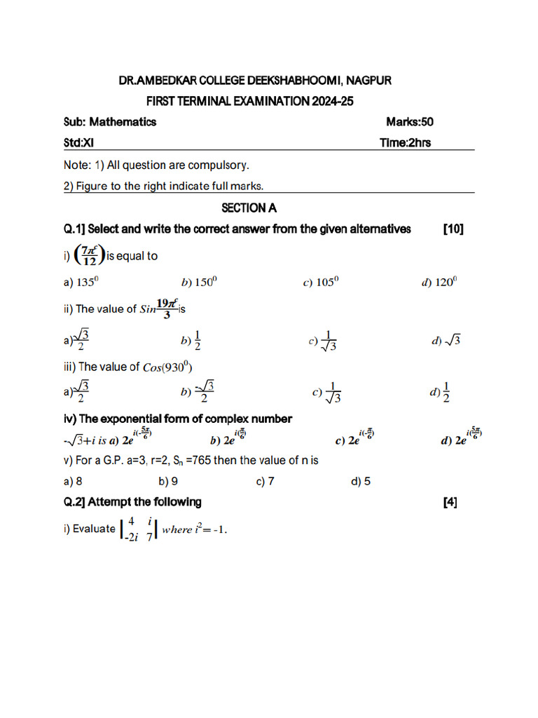 XI Maths First Term Exam 2024-25 | PDF
