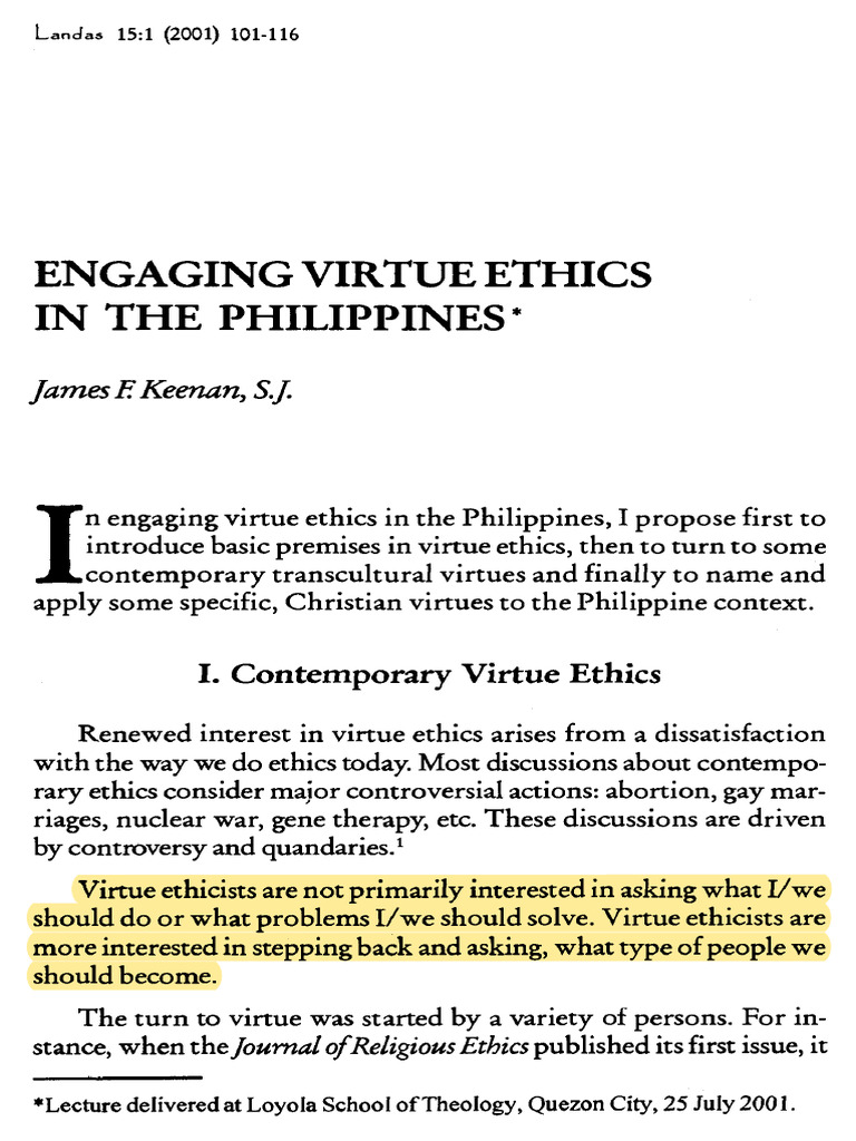 Engaging Virtue Ethics in the Philippines | PDF | Virtue | Virtue Ethics