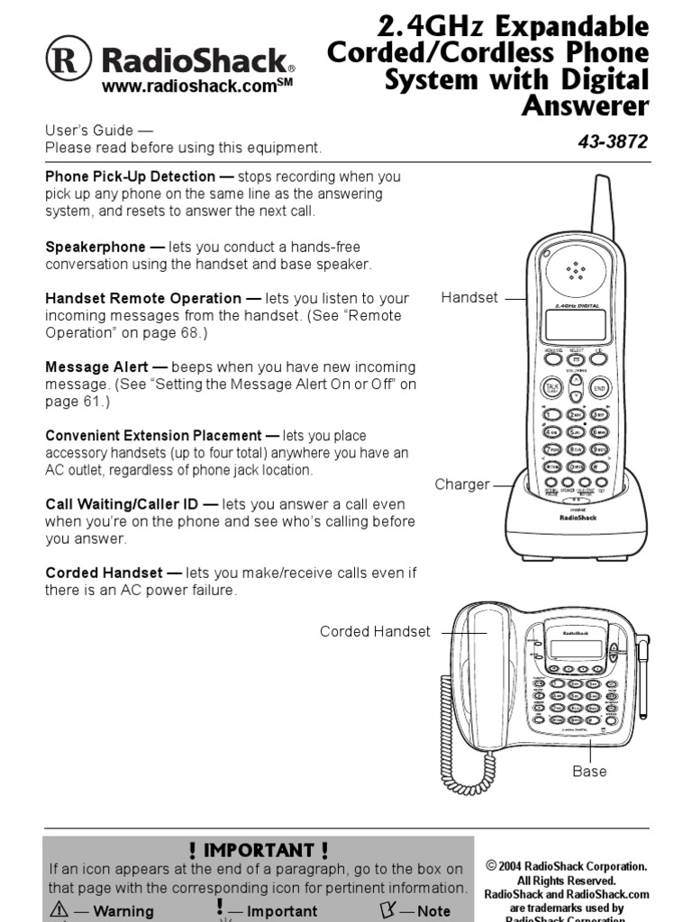 Radio Shack 2.4 GHz Corded/Cordless phone manual, model 433872