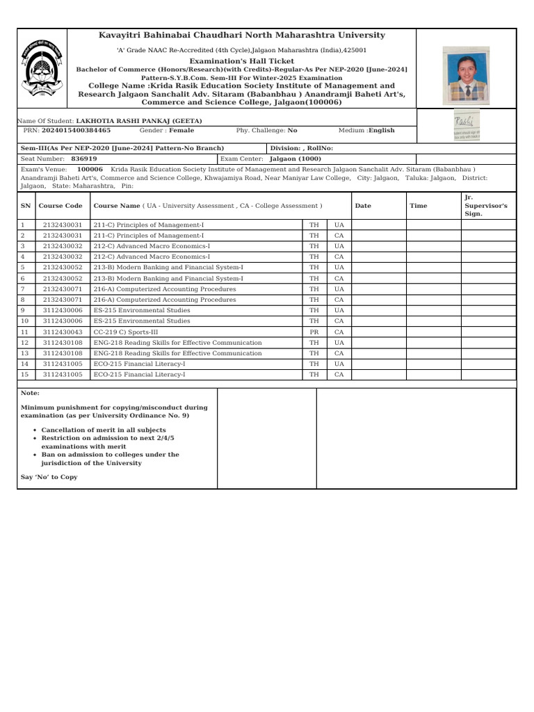 Hall Ticket | PDF | Educational Assessment And Evaluation | Vocational ...