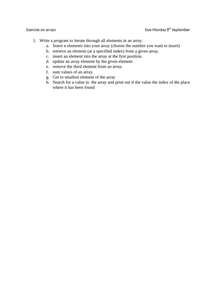 Exercise On ArraysDue Monday 8th September | PDF