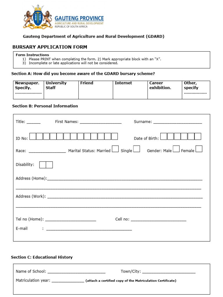 GDARD Bursary Application 2026 Form | PDF