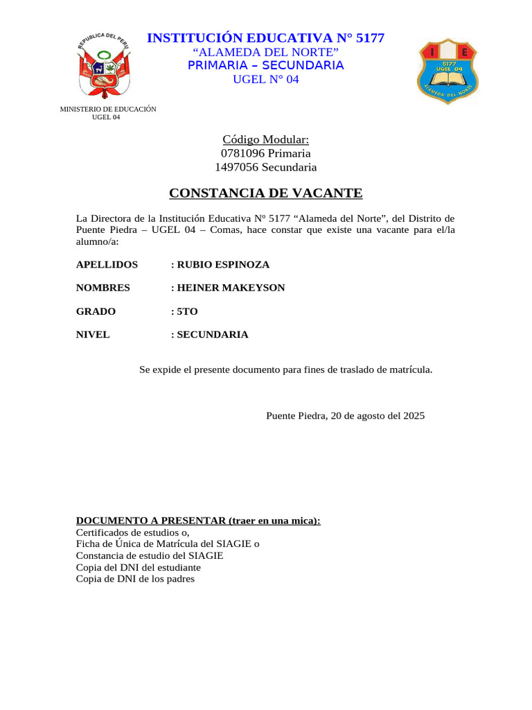 Vacante en Secundaria para Heiner Rubio | PDF