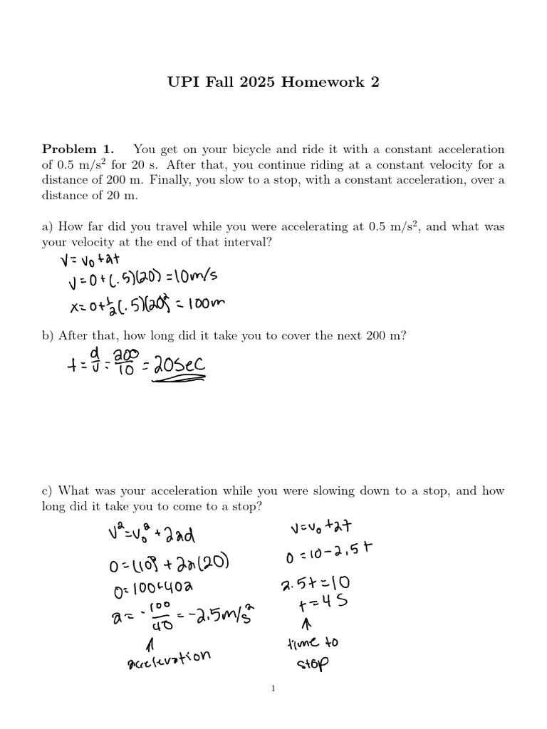 UPI Fall 2025 Physics Homework 2 | PDF | Acceleration | Velocity