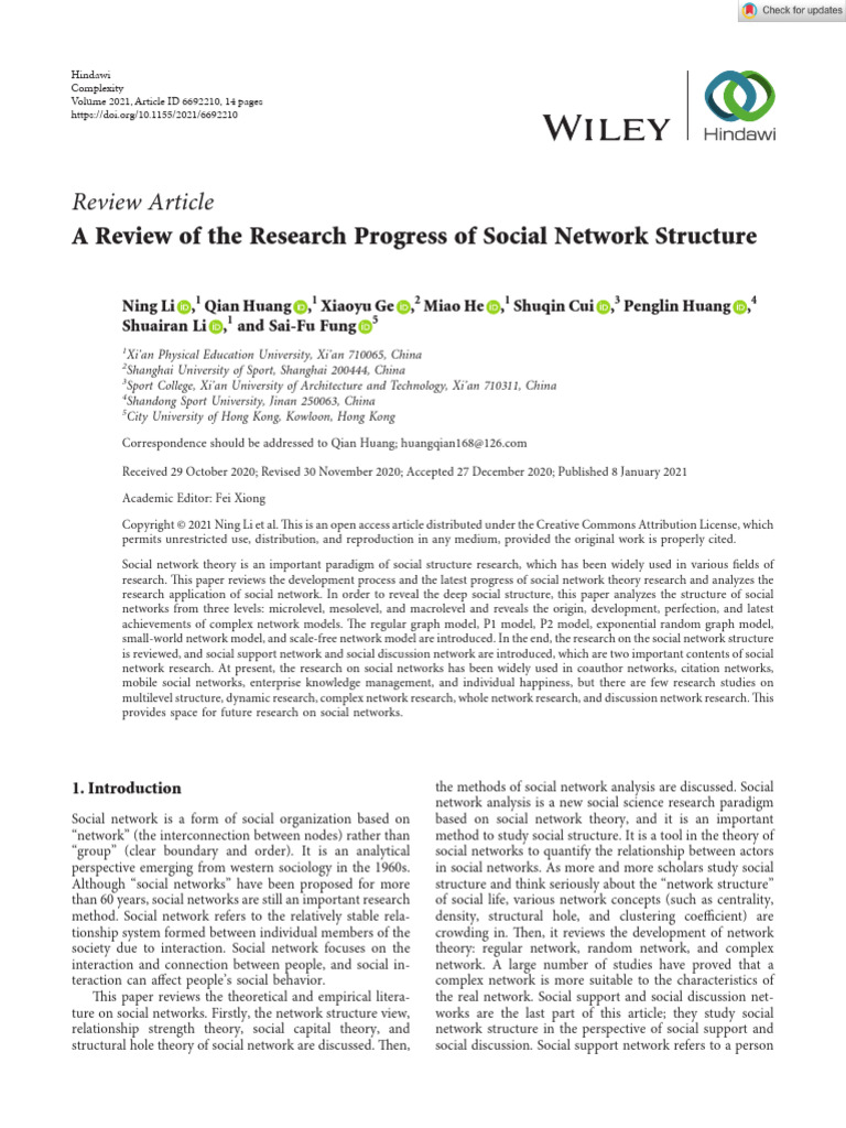 Complexity - 2021 - Li - A Review of The Research Progress of Social ...