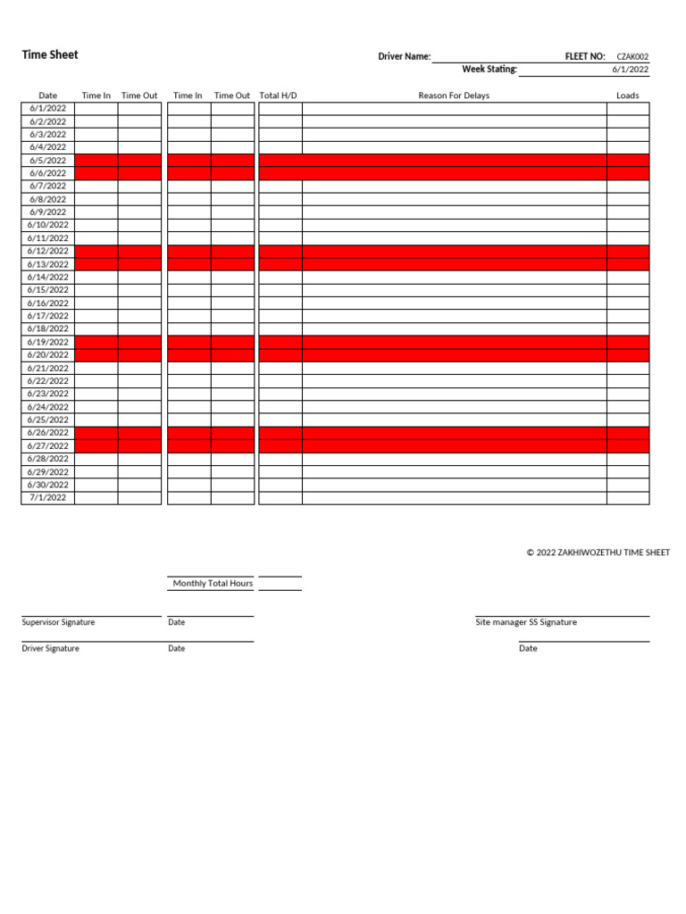Driver Time Sheet Template | PDF
